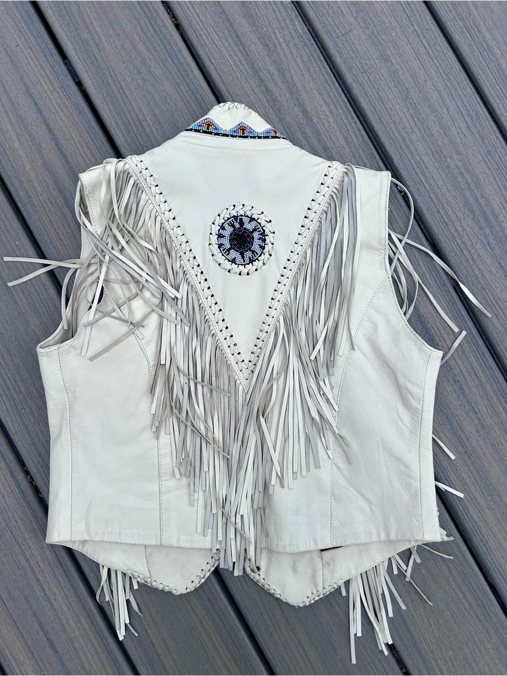 Ivory Fringe Leather Vest with Beaded Accents - Picture 8 of 8